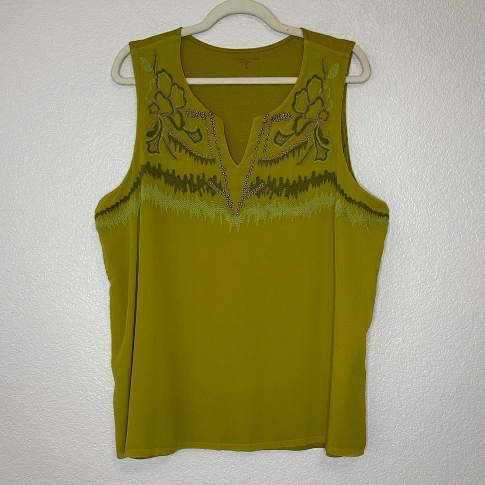 Coldwater Creek Olive Green Embroidered Tank Top